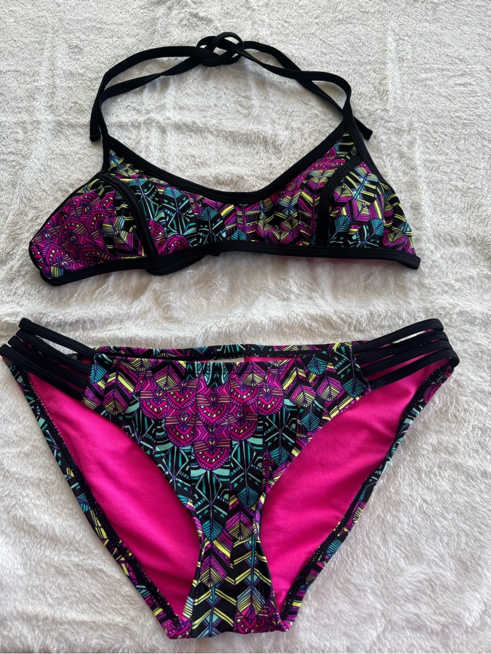 Xhilaration Black Pink Teal Geometric Two-Piece Bikini